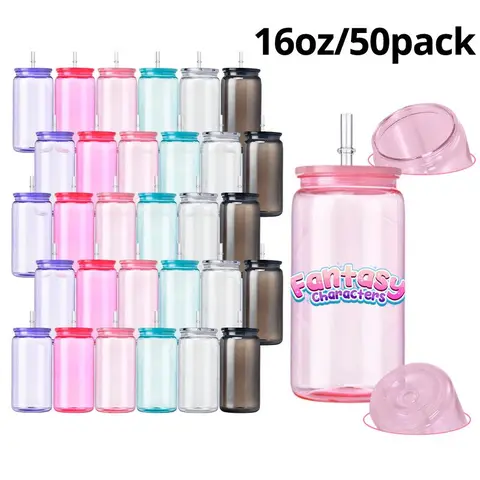 50-Pack 16oz Single-Wall Transparent Plastic Jelly Cups with Lids and Straws, For UV DTF Sticker Custom DIY Drinkware, School Water Bottle, USA Warehouse Fast Shipping