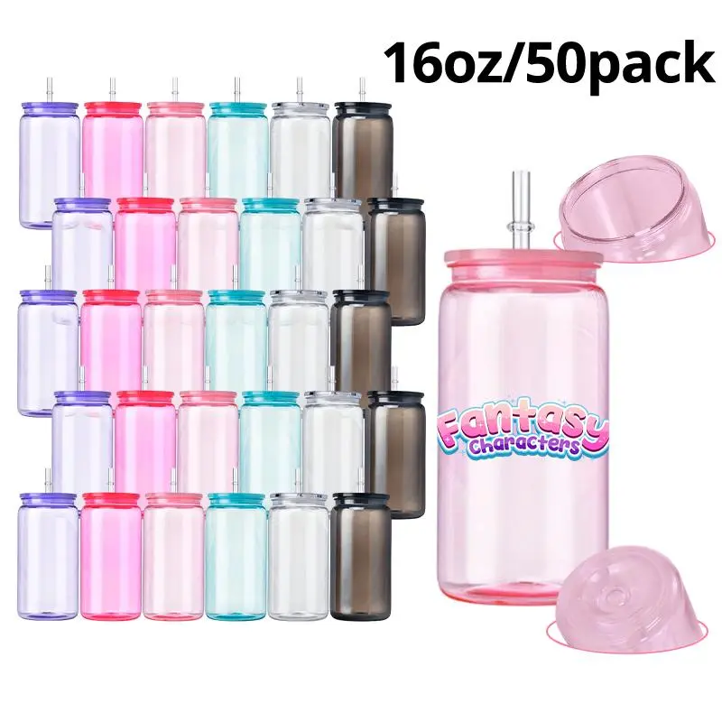 50-Pack 16oz Single-Wall Transparent Plastic Jelly Cups with Lids and Straws, For UV DTF Sticker Custom DIY Drinkware, School Water Bottle, USA Warehouse Fast Shipping