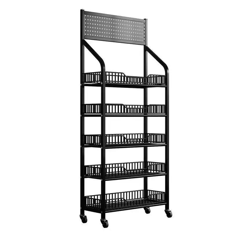 5 Tier Retail Display Racks, Freestanding Snack Rack Display Stand with 15 Hooks & 4 Wheels, Metal Snack Shelf Organizer for Supermarket Retail Store Commercial Kitchen Office, Black