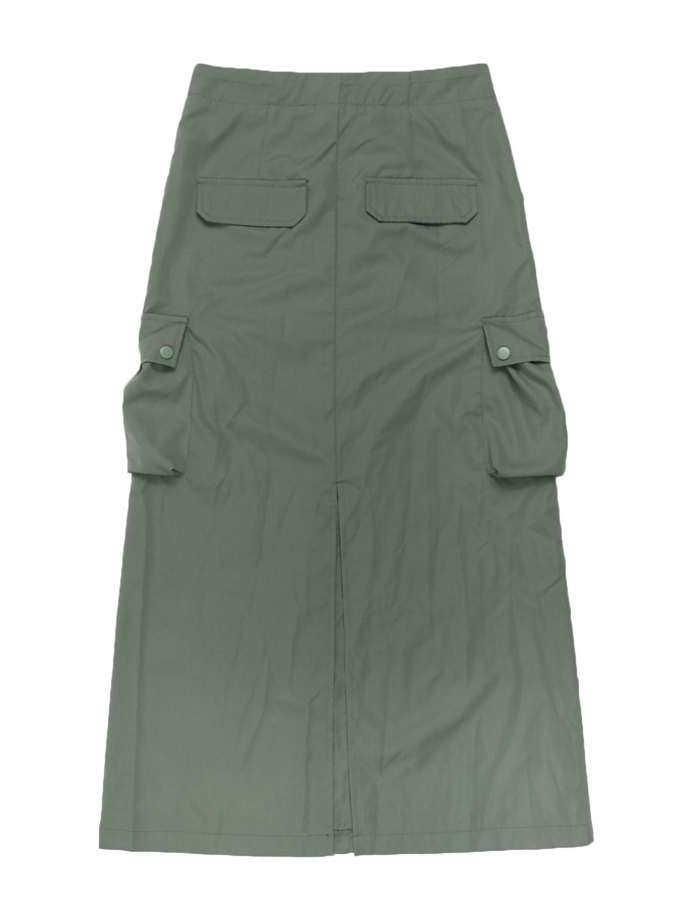 GILIPUR Army Green Drawstring Multi-Pocket Cargo Maxi Skirt — American Retro "It-Girl" Style, High-Waisted A-Line Casual Skirt — Women's Everyday Wear (TChic)