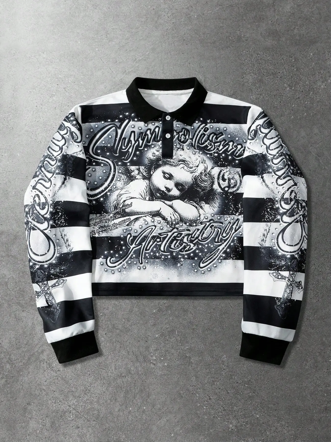 American Millennial Y2K Retro Angel Rhinestone Print Short Polo, Long Sleeve Men's Striped Cross High Waist Turn-Down Collar Top