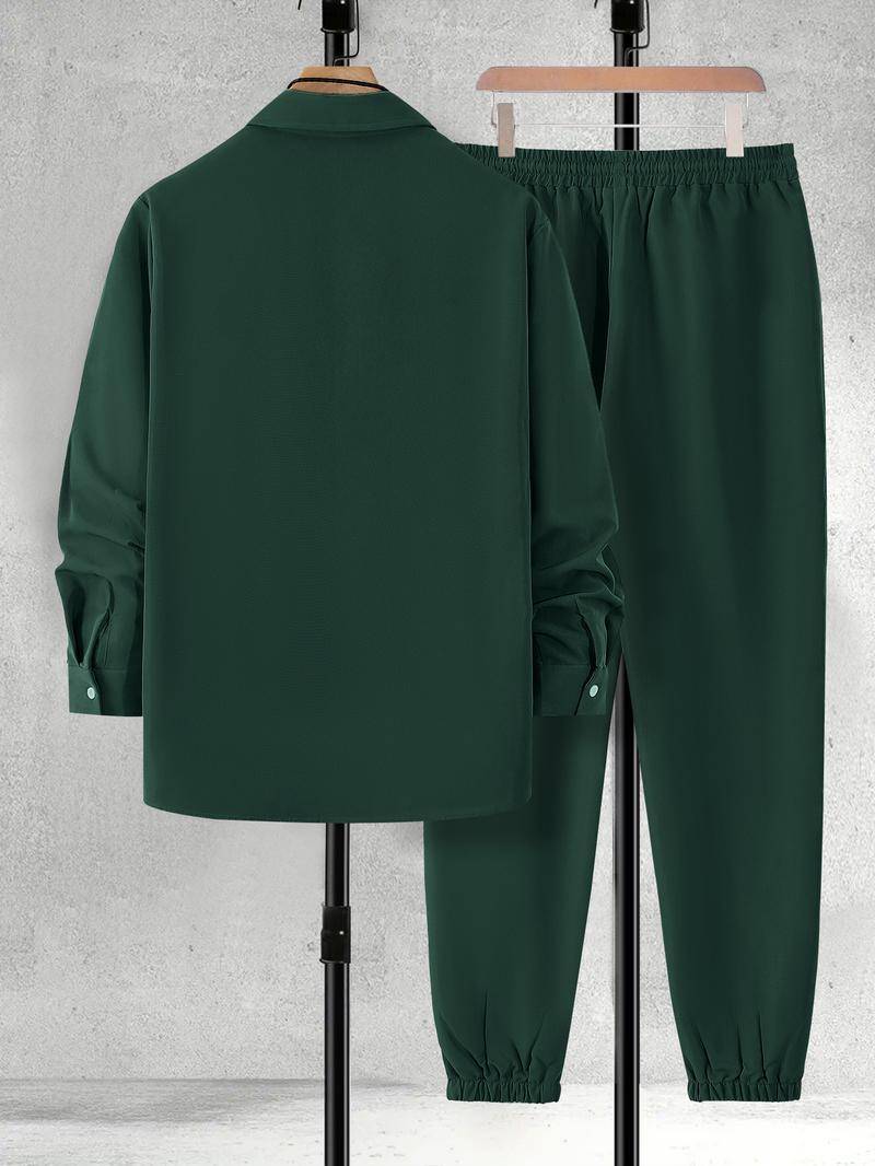 【Plus Size】 Men's Plaid Print Button Front Shirt & Drawstring Waist Pants Set, Regular Fit Casual Checked Long Sleeve Collared Top & Pocket Trousers, Men's Spring & Fall Clothes, Men's 2 Piece Set, Longsleeves Menswear