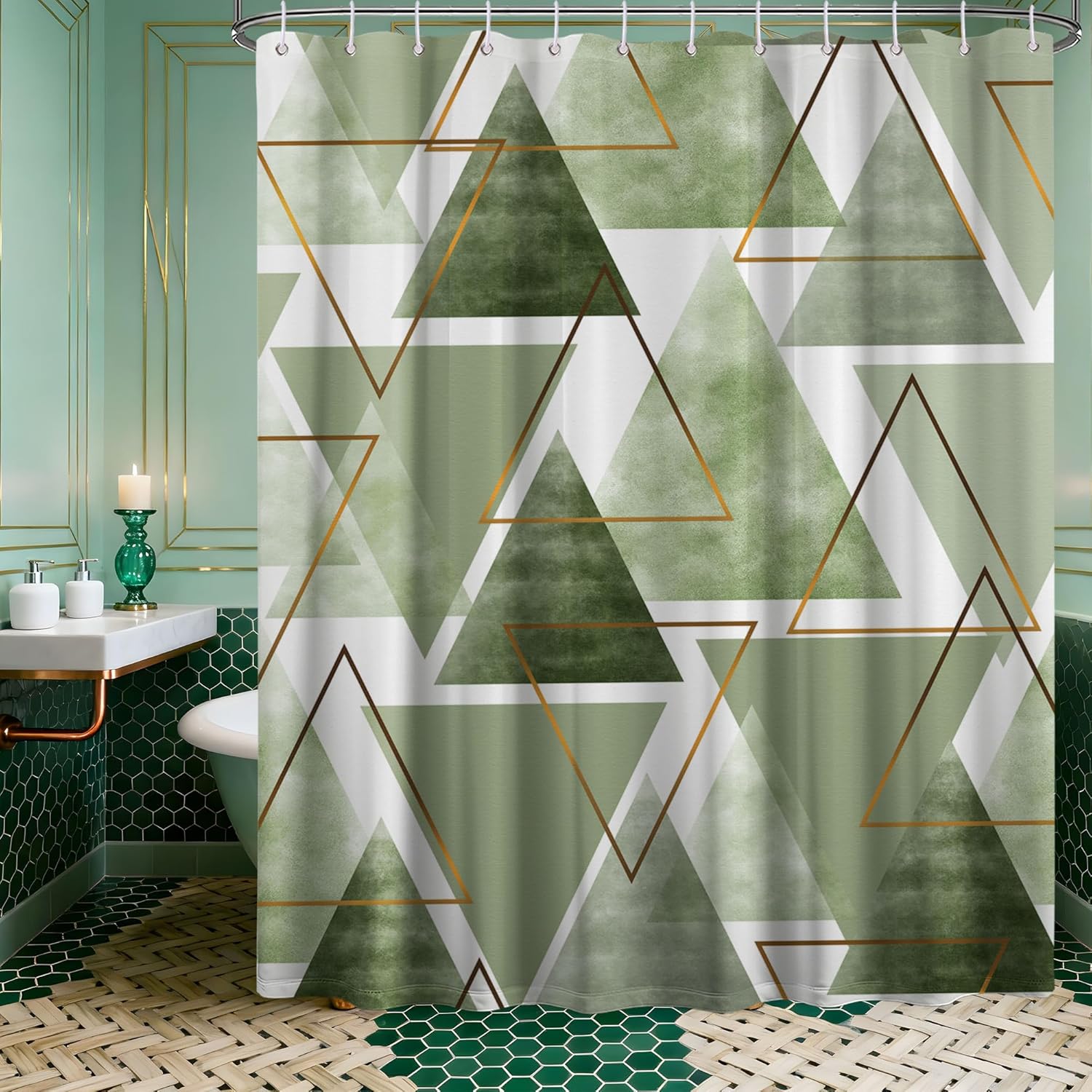 Sage Green and White Geometric Shower Curtain, Modern Olive Green Fabric Bathroom Decor, Includes Hooks for Shower, 1PC