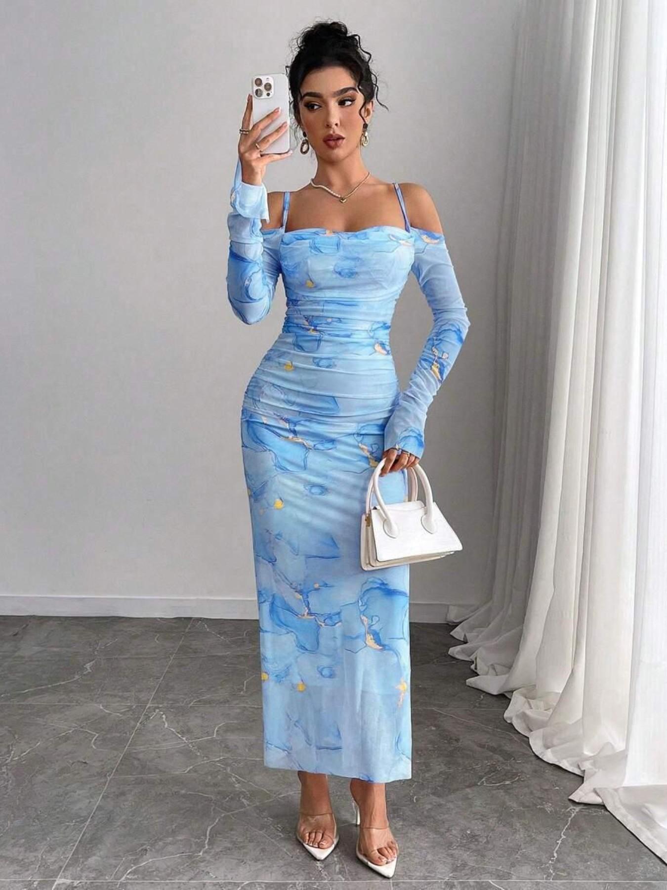 Lafayette Women's Mesh Long Sleeve Dress, Off-Shoulder Mermaid Skirt Gown, Elegant Evening Wear, Perfect for Special Occasions