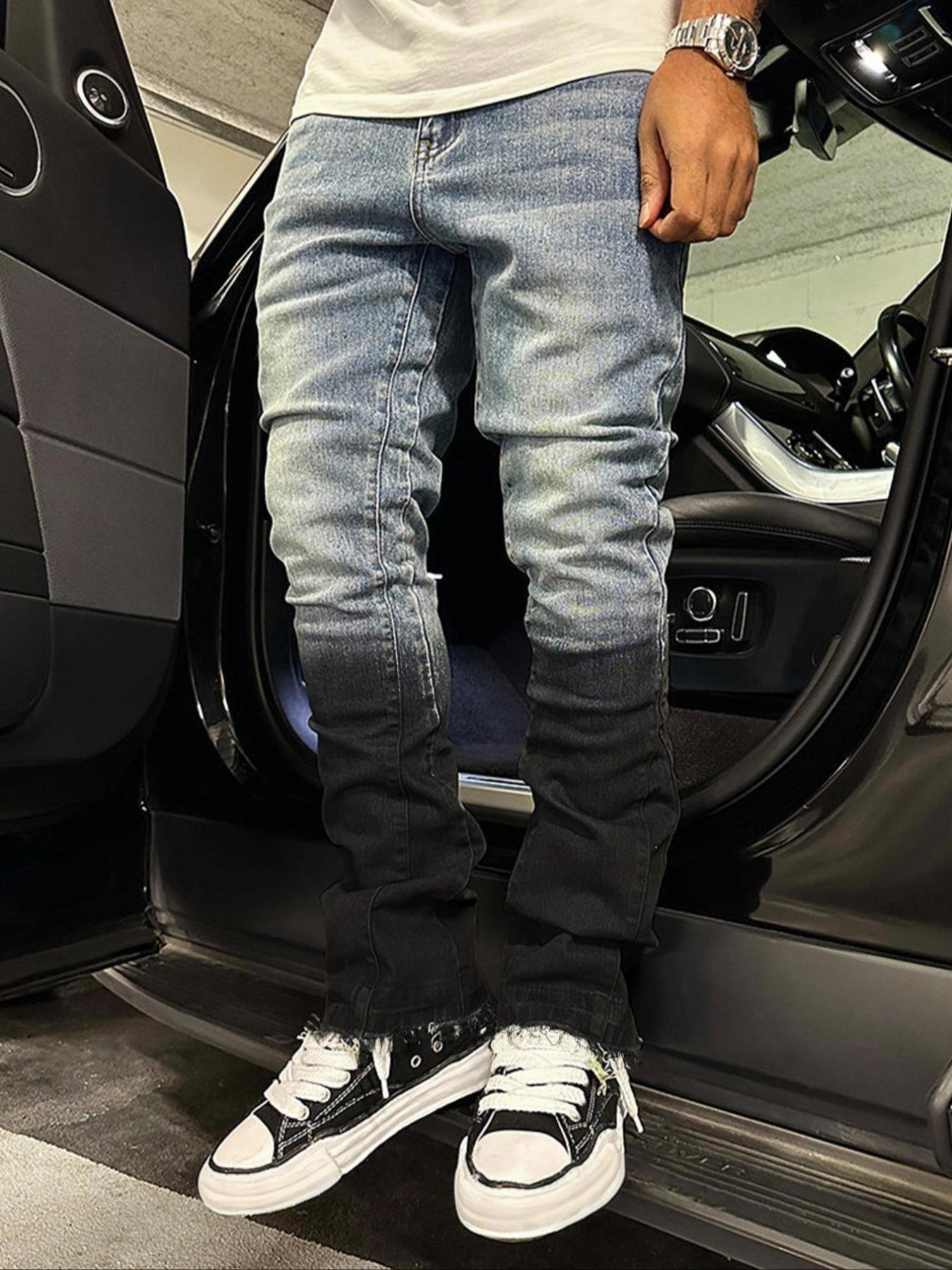 Men's Blue Slim Fit Elastic Straight Leg Jeans, Vintage Washed Look, Zipper Fly, All Seasons, Minimalist Style