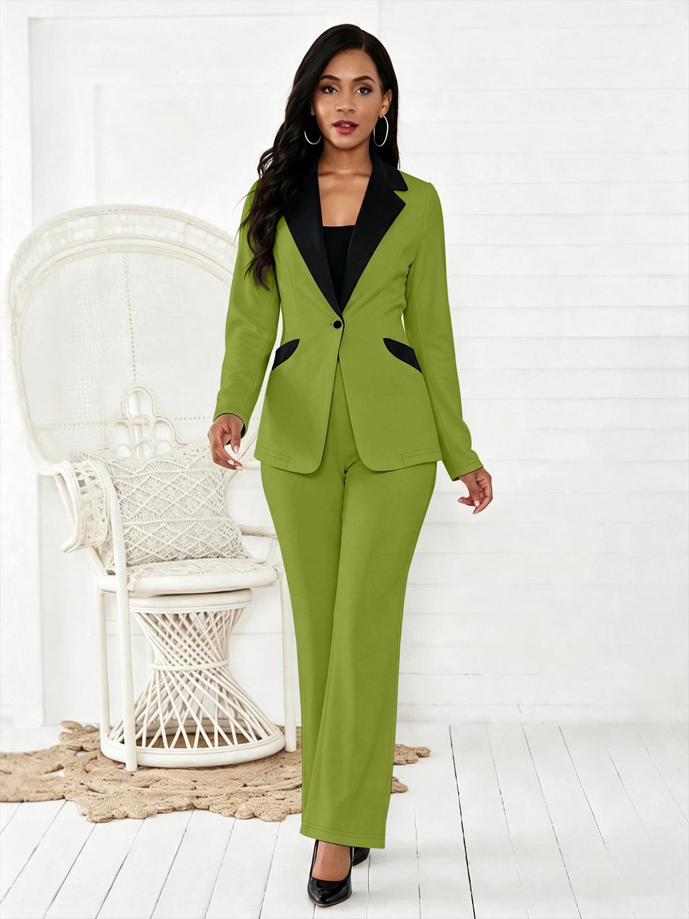 Women's Black Girl Magic Style Contrast Lapel Long Sleeve Business Blazer Suit Set, High Waist Flare Trouser for Commute