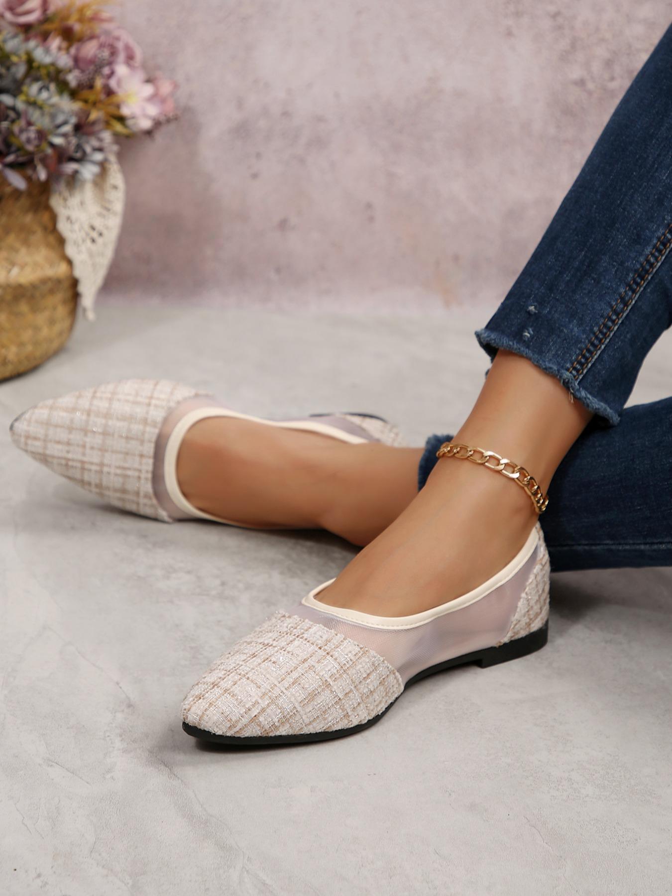 Women's Casual Slip-On Soft Sole Flats Size 36-42, Comfortable All Season Shoes, Breathable Mesh Patchwork Design, Pointed Toe Low Heel, Footwear