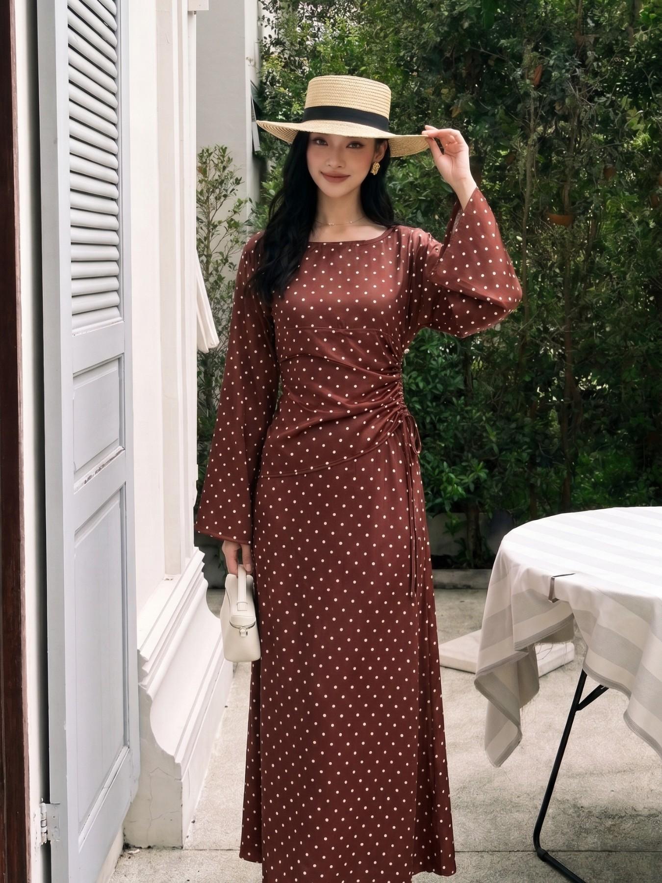 Elegant Casual Drawstring Polka Dot Long Sleeves Abaya Long Dress, Perfect for Parties, Holidays, Ramadan, Valentine's Day, Dates, Various