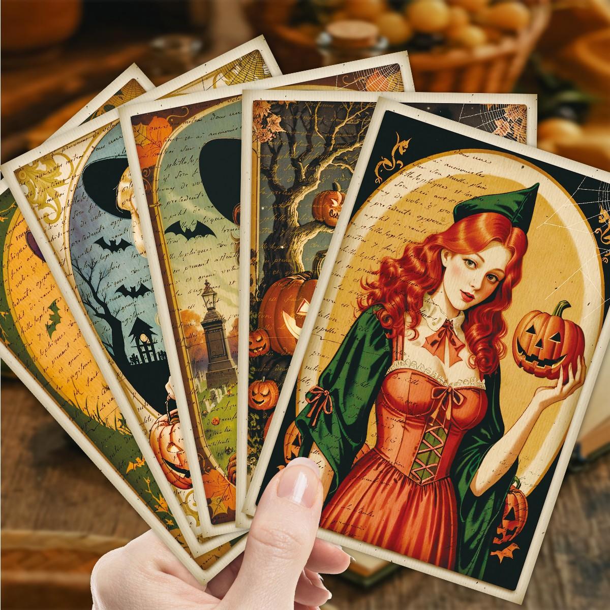 12Pcs Vintage Halloween Witch Postcards, Retro Pumpkin Bat Haunted House Ghost Art Print Cards, Antique Old Paper Style Witchy Postcards for Wall Collage Decor, Junk Journal, Halloween Greeting Card & Gift Giving