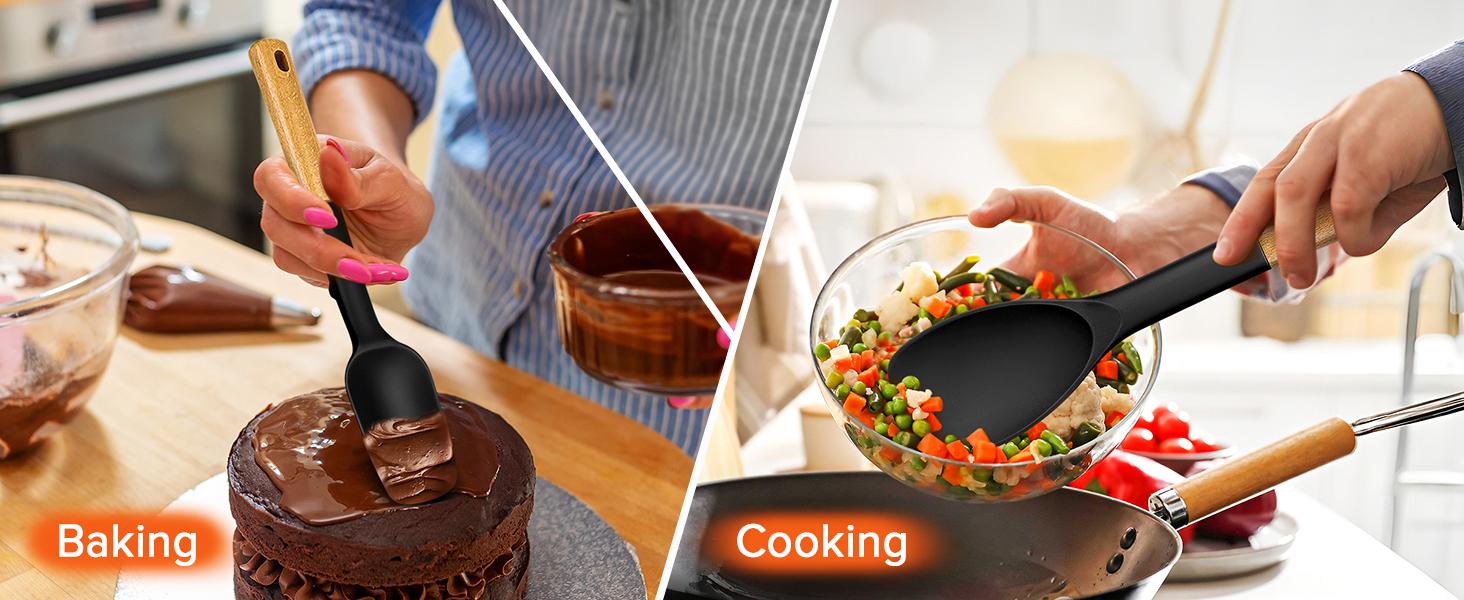 Silicone Spatula Spoon Set, Great for Mixing, Folding, Scraping, and Spreading, Sturdy BPA-Free Matte Silicone, Wooden Handle Rubber Spoonula for Nonstick Cookwares,4 Pack