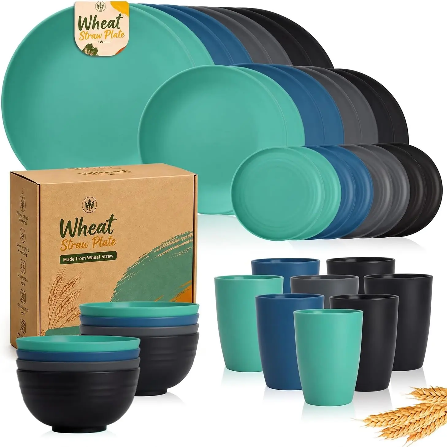 Kitchen Dishware Set, Dinnerware Set for 8,40pcs Wheat Plates and Bowls Set