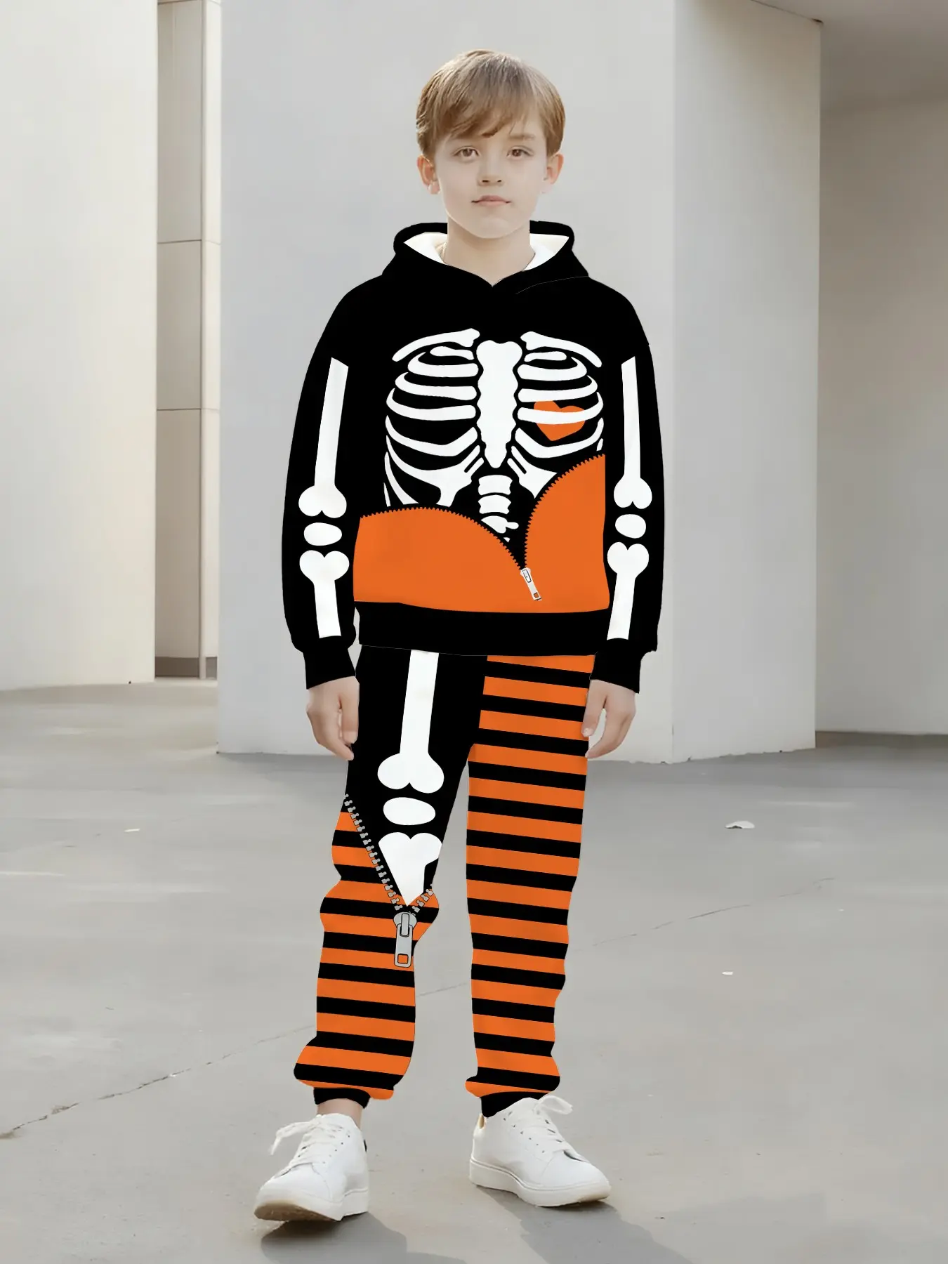 Boys' Halloween Skull Hoodie and Pants Sweat Set, Fitted All-Over Print Casual, Perfect for Trick-Or-Treat, Street Style, Daily Wear