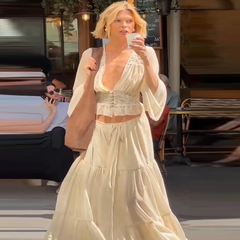 Women Spring Autumn Long Sleeve V Neck Tops Long Skirt Beach Vacation Chiffon Two Piece Set Outfit