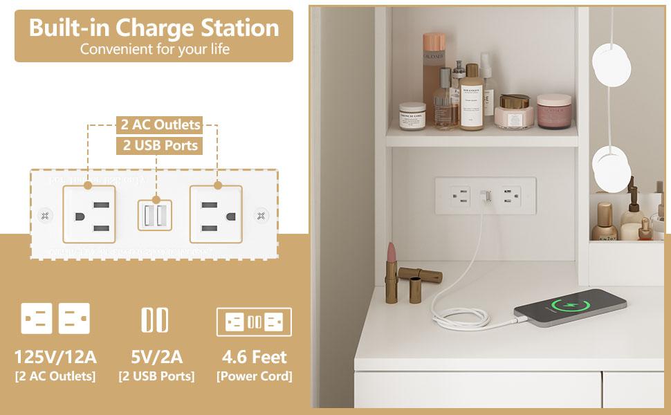 Vabches Vanity Desk with Mirror and Lights,Makeup Vanity with 2 Drawers Lots Storage,Vanity Table with Lighted Mirror,3 Lighting Colors, Brightness Adjustable,35in(L)