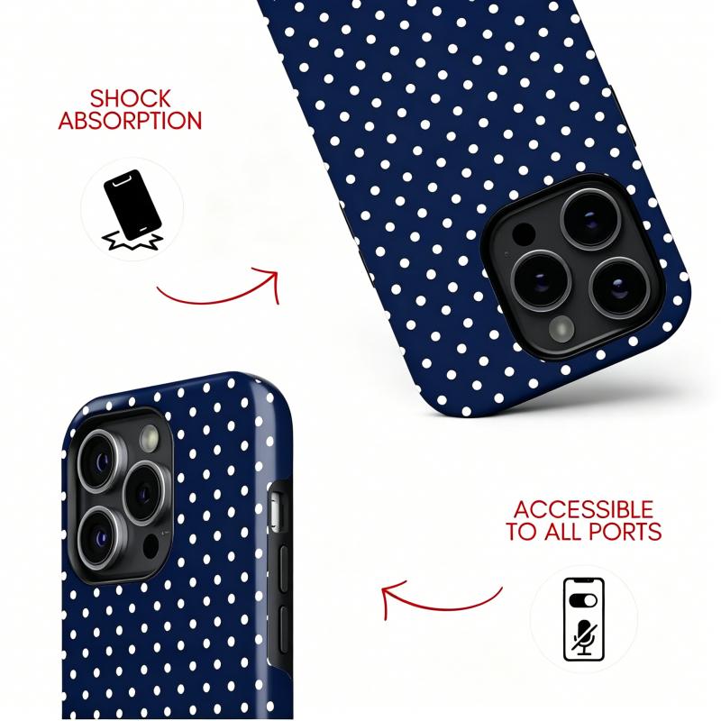 Blue Dot iPhone Case Compatible with iPhone 17 ProMax 16Pro 15 14 13 12 11 Samsung 26 25 Ultra Plus 24 23 22 21 Double Layer Protective Casing Navy Blue Polka Dot iPhone Case Classic Preppy Protective Cover