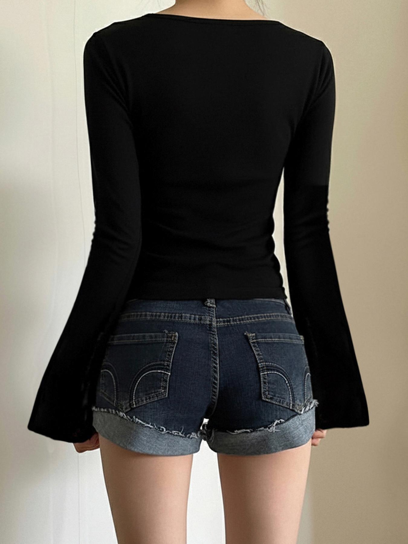 Lace Trim V Neck Flare Sleeve A-Line Top, Y2K Casual Solid Color Long Sleeve Basic T-Shirt, Women's Fashion Clothing