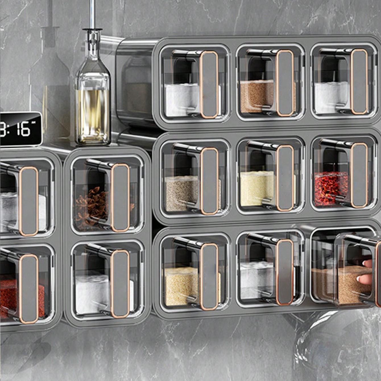 1pc Kitchen Spice Box with Spoon, Adjustable Storage Container, Wall-Mounted Sealed Seasoning Set, Multi-Functional Organizer