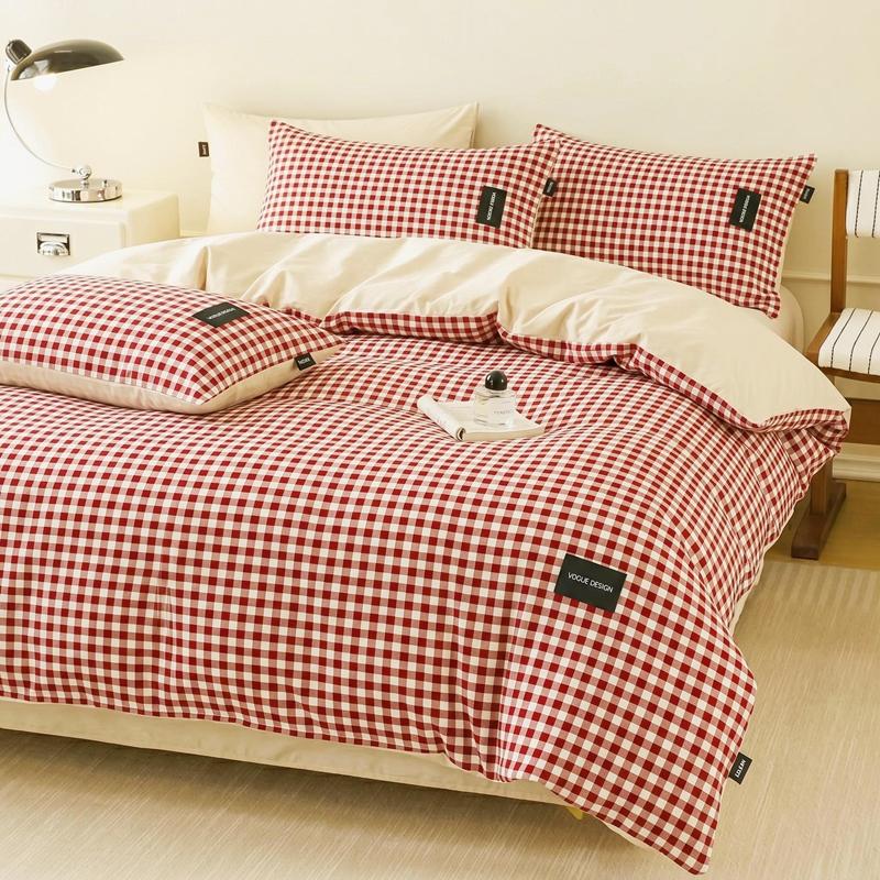 Colorful Cationic Fabric Plaid Four-Piece Set, Includes Duvet Cover, Bed Skirt, Pillowcases, Comfortable and Stylish Bedroom Essentials