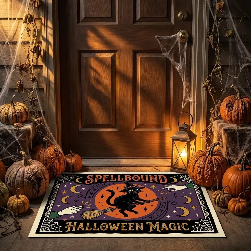 Vintage Halloween Witch Black Cat Broom Flannel Doormat, Retro Spider Web Pumpkin Magic Symbol Non-Slip Front Door Mat, Indoor Outdoor Halloween Porch Entryway Decor Rug, Indoor Outdoor Rugs, Flannel Fabric