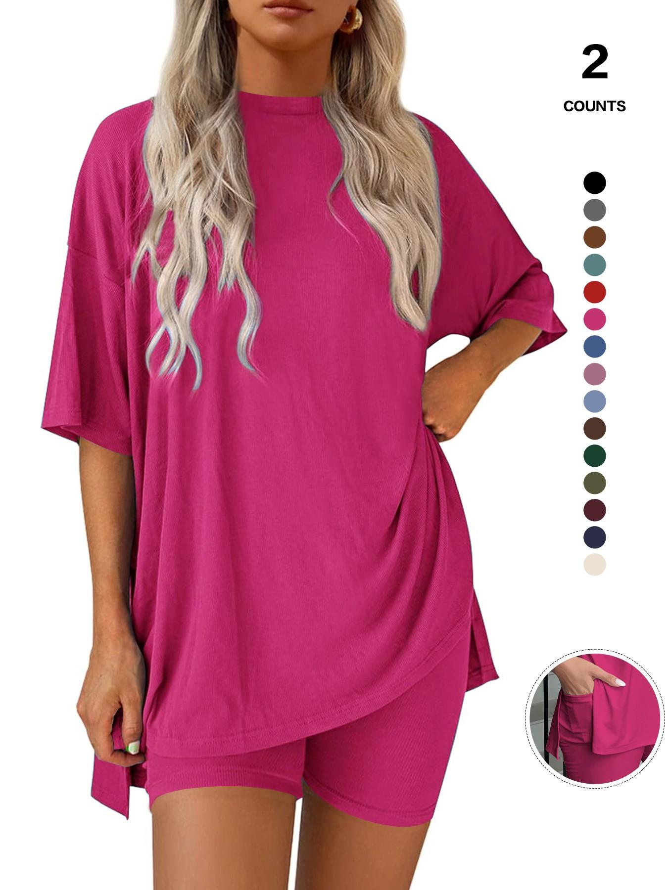 Cozy Mama Lounge Set, Women's 2-Piece, Crew Neck Oversized T-Shirts, Comfortable Home Wear, Perfect for Relaxing at Home