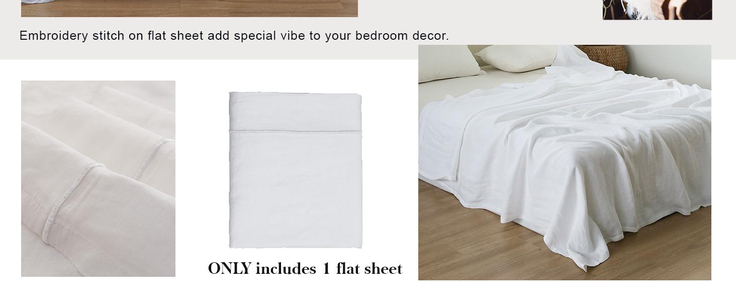 Simple&Opulence French Linen Flat Sheet with Embroidered Border-100% Stone Washed Flax Bedding, Breathable Flat Top Sheet-1 Piece Bed Flat Sheet Only