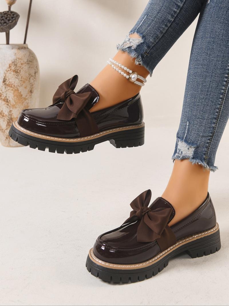Women's Bowknot Loafers, Spring & Fall Casual PU Leather Shoes, Plain Pattern, Less Than Ankle Height, PVC Sole