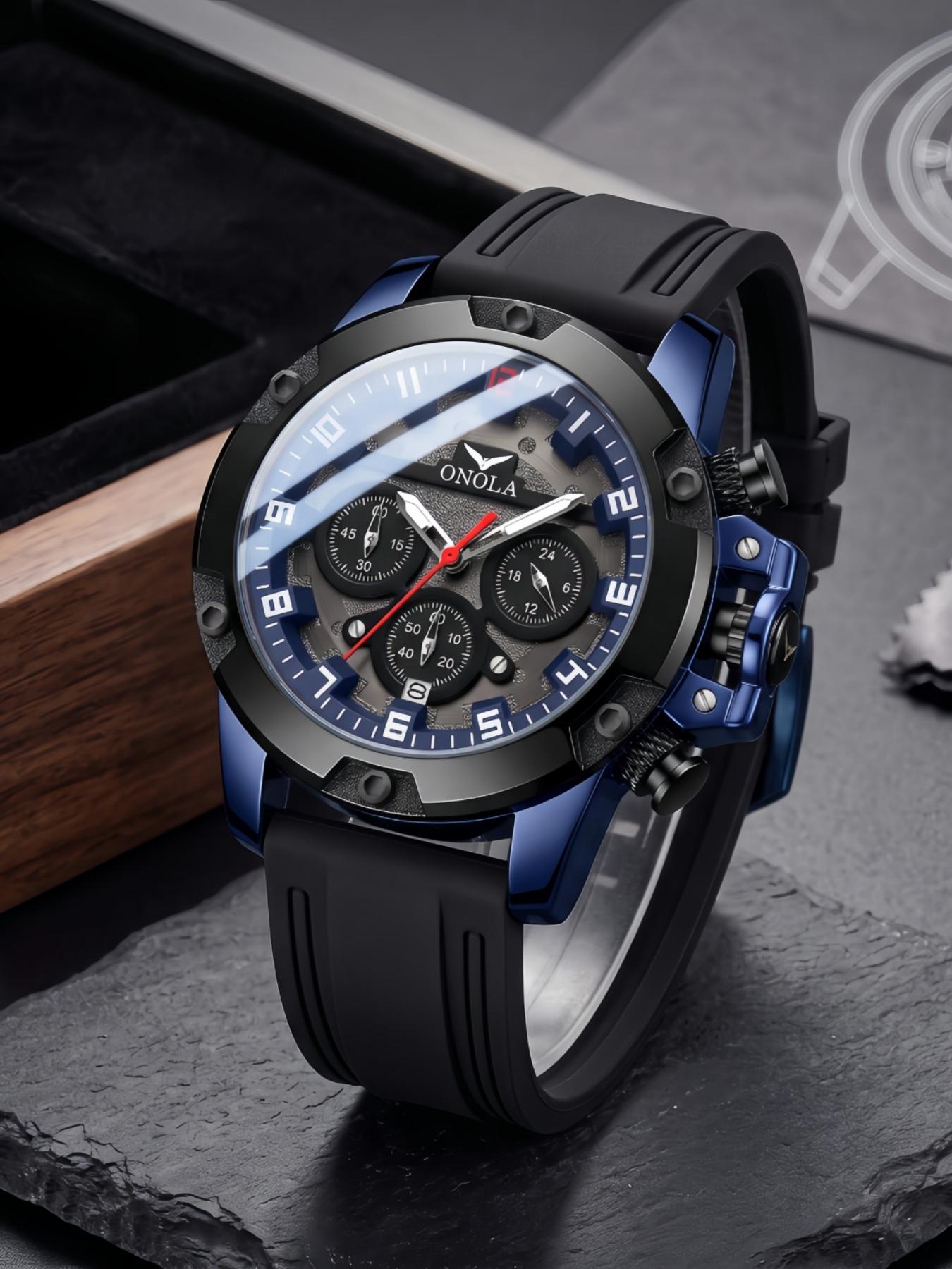 ONOLA Men Quartz Watch Round Triple Dial Chronograph Wrist Watches, Fashionable and Trendy Business Watch, Luminous Sports Watches, Metal Case with Silicone 30-Meter Water-Resistant Watch, Outdoor Casual Men's Watch, Perfect for Holiday Gifts