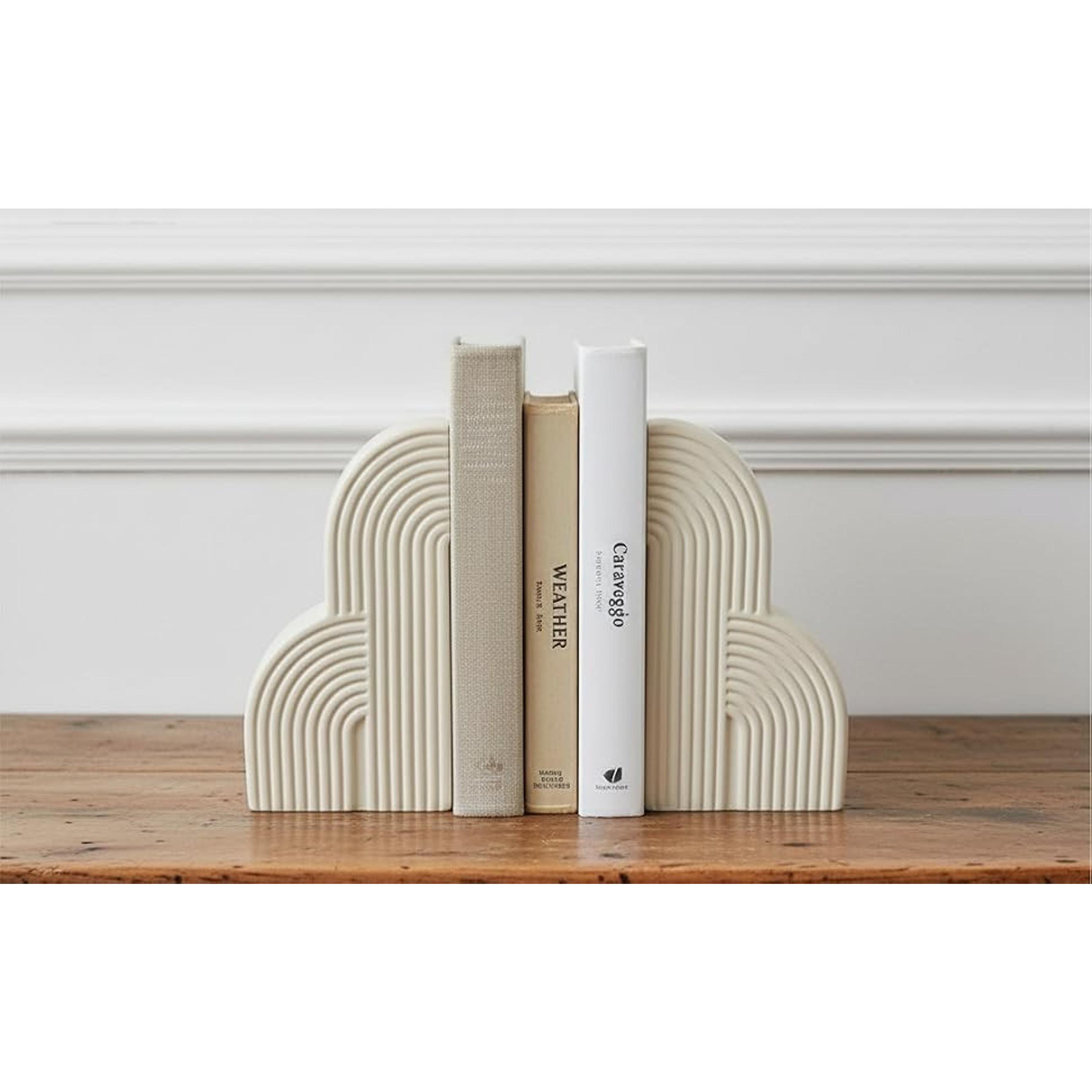 Decorative Concrete Bookends (Set of 2) - Cream White Boho Aesthetic, 6.4 lbs Solid Supportive Heavy-Duty Holders for Large Books on Shelves
