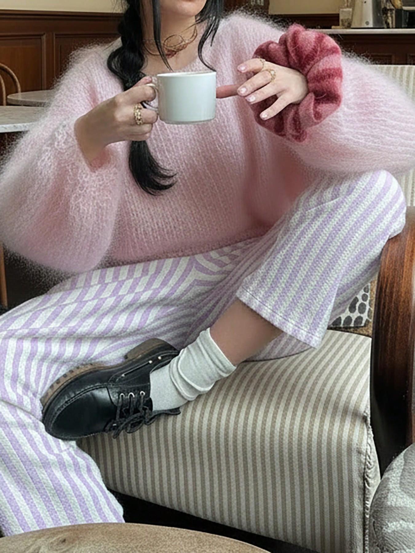 Korean Style Casual Soft Mohair Knit Sweater, Knitwear, Loose Fit Drop Shoulder Slimming Pullover, Long Sleeve Cozy Top for Women