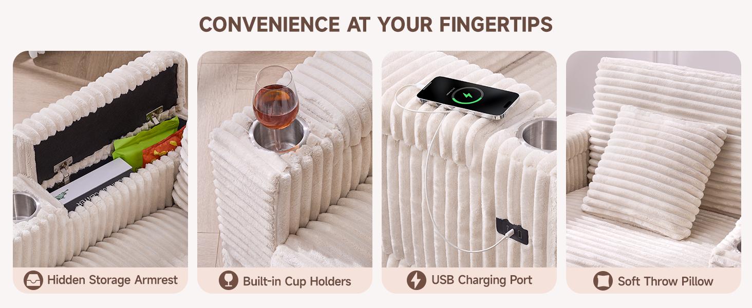 【SPOTLIGHT DAY】ONBRILL Corduroy Oversized Chair with Ottoman, 44" Wide Armchair with Cup Holders & USB Port, Reading Chair w/Storage Armrest, Easy Assembly, Comfy Single Sofa Bed for Living Room, Apartment