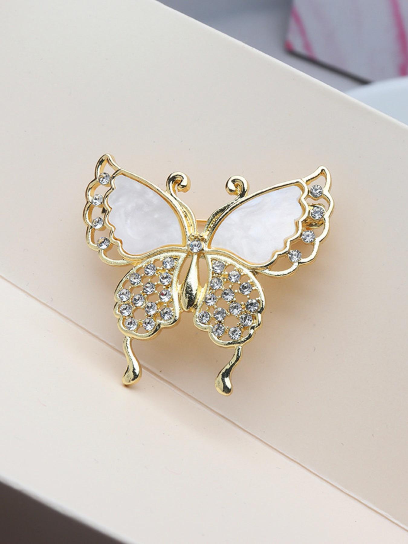 Elegant Butterfly Brooch Pin for Women, French Style Shell Rhinestone Hollow Out Design, Versatile Decorative Lapel Pin