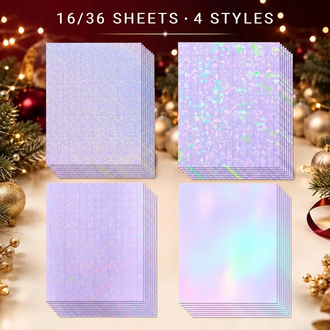 16/36 Sheets Holographic Self-Adhesive Laminate Sheets, Clear Waterproof Vinyl Sticker Paper for Crafts, 8.5x11 Inch Cold Lamination Film for Scrapbook, Stickers for Scrapbooking, Journal, Laptop Decor, DIY Sticker Making, Perfect Gift for Craft Lovers