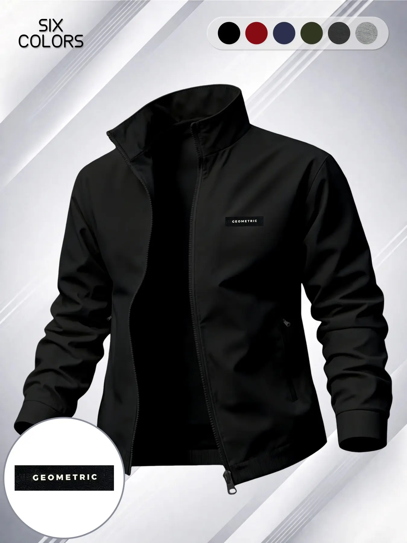 Luxury Leather Label Men's Lapel Jacket, Plain Lightweight Zipper Pocket Coat, Business Casual Spring Fall Outerwear for Young Adults Full Zip