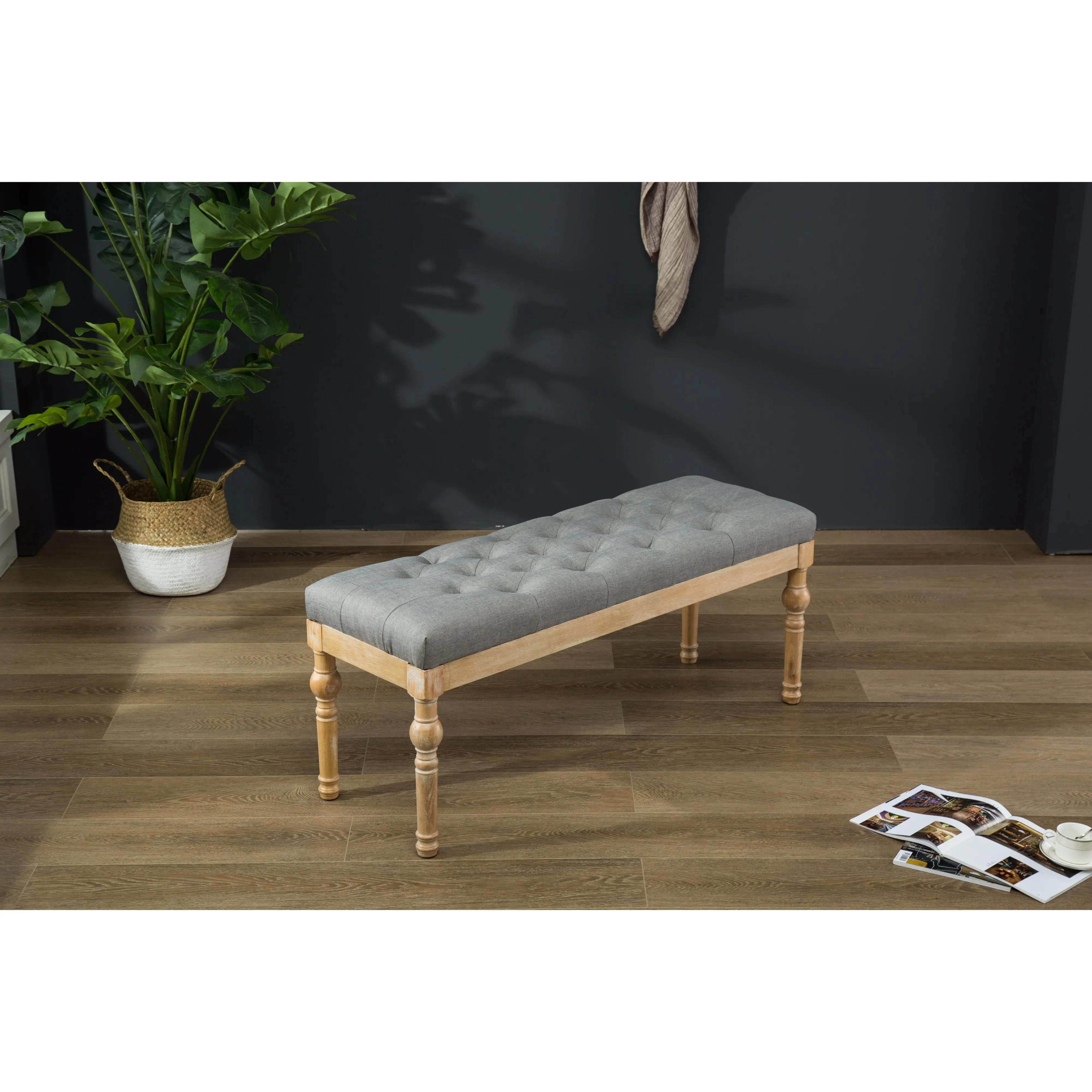 Gray Linen Cotton Upholstered Dining Bench with Button Tufting and Solid Hardwood Turned Legs, 48 Inch