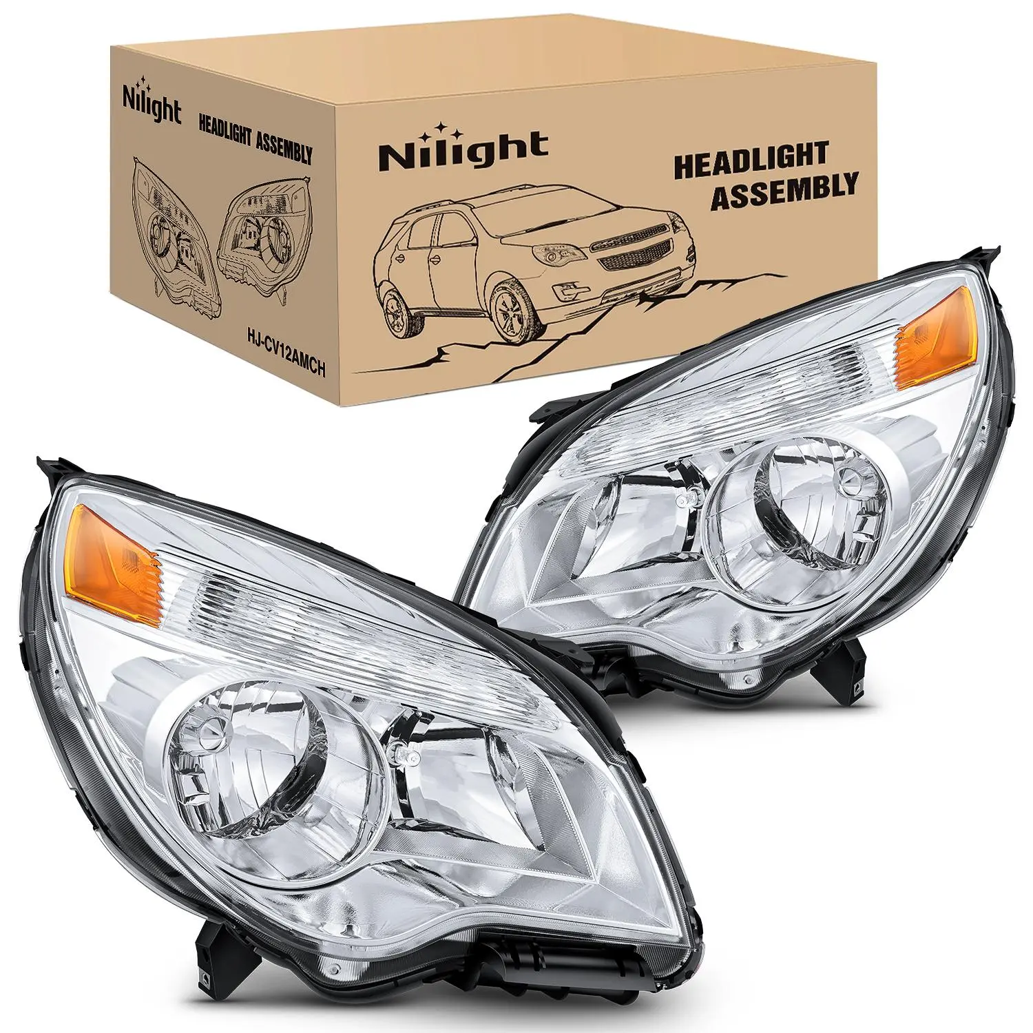 Nilight Halogen Headlight Assembly for 2010-2015 Chevy Chevrolet Equinox LS/LT, OE-Style Chrome Housing with Amber Reflector, Tool Upgrade Replacement Headlights