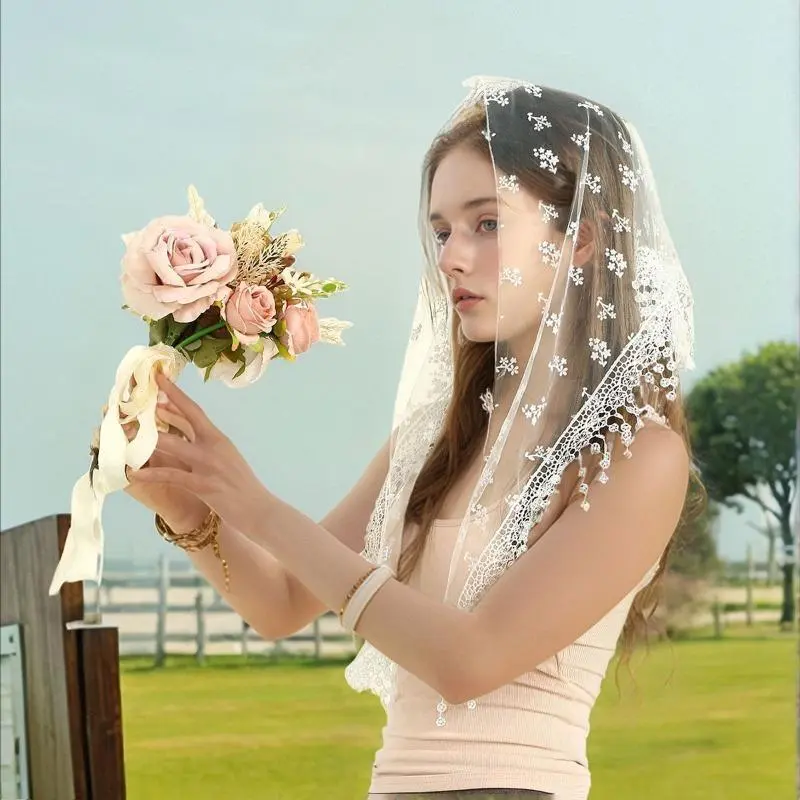 Lightweight See-Through Tulle Short Wedding Veil With All-Over Tiny Floral Embroidery, Scalloped Lace Trim Dangling Pearl Accents, Ultra Fairy Bridal Headwear Perfect For Registry Visit Lawn Wedding & Wedding Photography Shooting, Delicate French Romantic