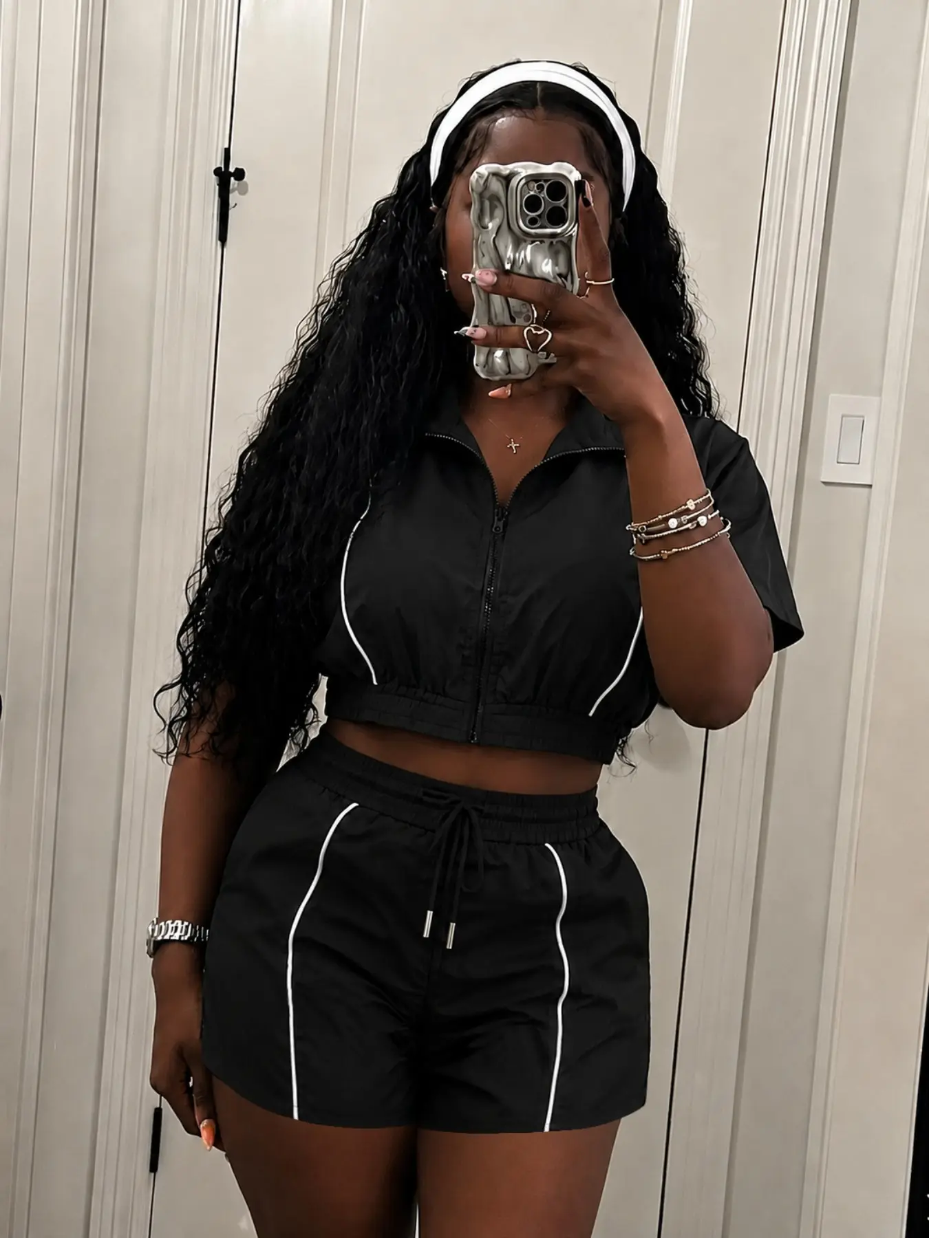 Women's Two Piece Set, Short Sleeve Crop Jacket + High Waist Shorts, Casual Fashion Streetwear & Party Outfit for Summer