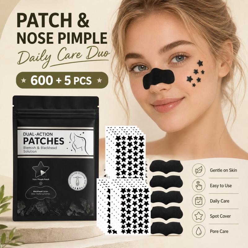 600+5Pcs Black and White Star Hydrocolloid Pimple Patches and Black Nose Strips, 2-in-1 Large Facial Blemish Cover Set for Halloween Parties, Music Festivals and Photo Styling, Acne Patches, Acne Patches For Face