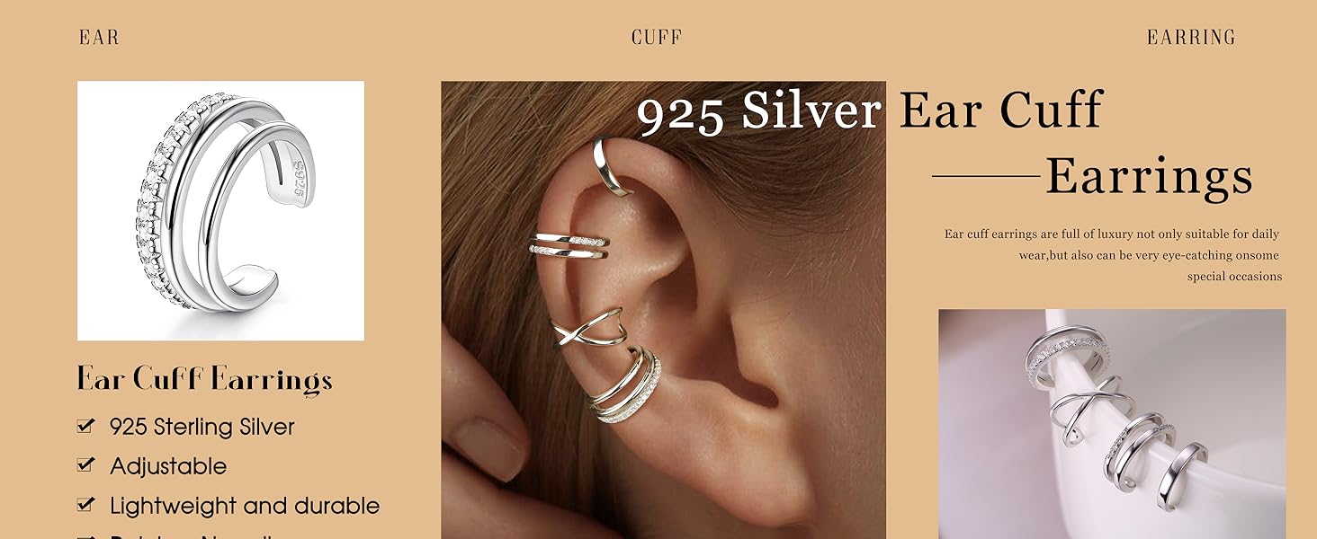 4Pcs S925 Sterling Silver Earring Cuffs for Women, Ear Cuff Set Helix Cartilage Clip on Earrings Non Piercing Earrings for Girls, Adjustable Rose Gold Ear Cuffs Earring Stack