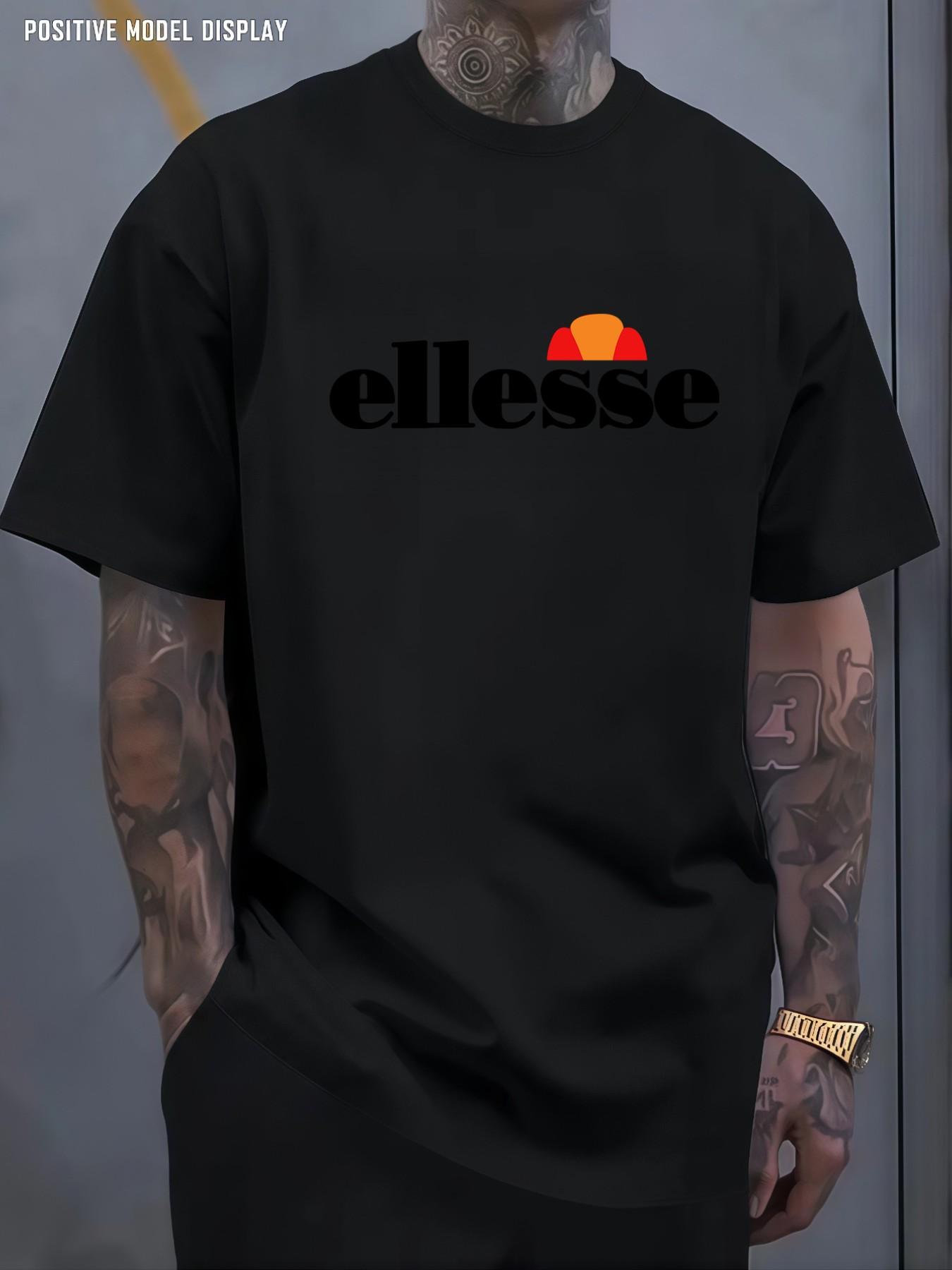 Men's Vintage Street T-Shirt, Fun Letter Ellesse Pattern Print, Loose Round Neck, Lightweight Comfort, Casual Wear for All Seasons
