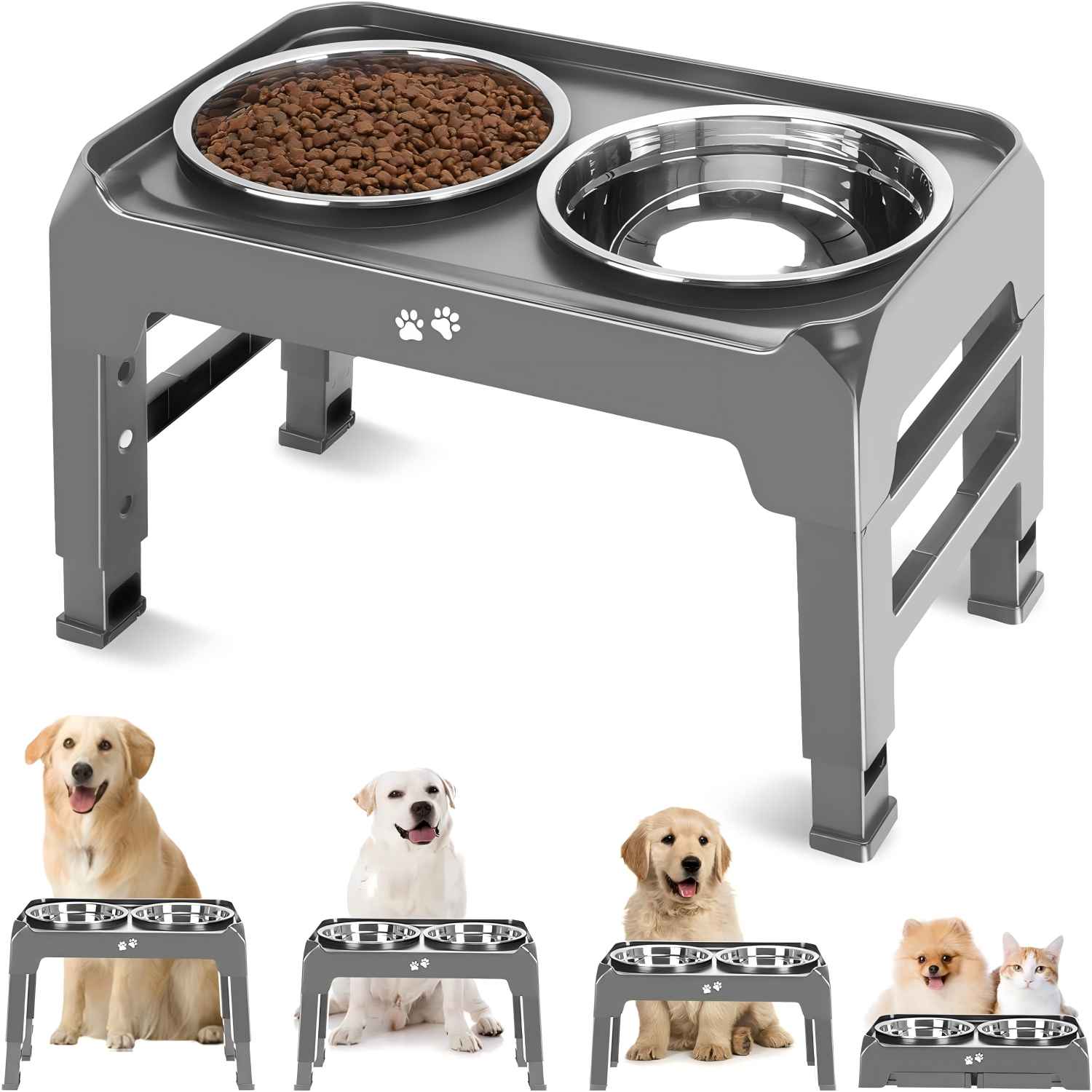 Elevated Dog Bowls, 4 Height Adjustable Raised Dog Bowl Stand with 2 Thick 50oz Stainless Steel Dog Food Bowls Non-Slip Dog Feeder for Large Medium Dogs Adjusts to 3.7", 9.2", 10.75", 12.36" Black, Grey, Light Brownish Gray
