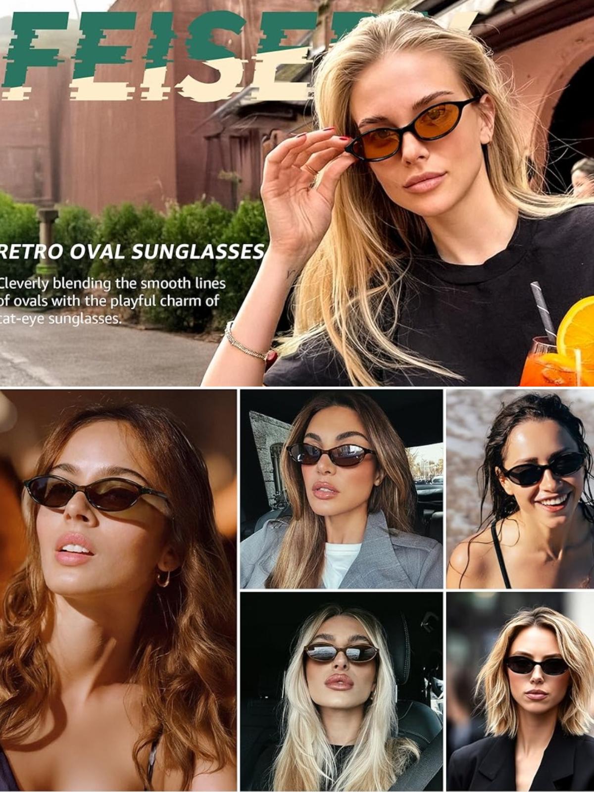 FEISEDY Retro Oval Cat Eye Sunglasses for Women 90s Narrow  display picture 2