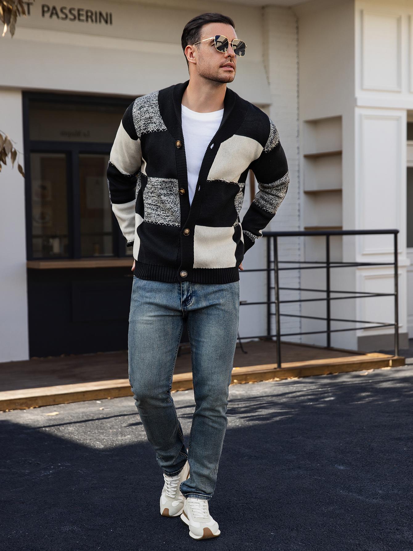 HYPESTFIT Men's Casual Color-Block Cardigan Sweater - Black, White, Gray Plaid Button-Up Cardigan with Lapel Collar, Long Sleeve, Regular Fit for Fall/Winter, Casual Attire & Weekend Outings, Cardigan Sweater, Winter Layering, Classic Knitwear