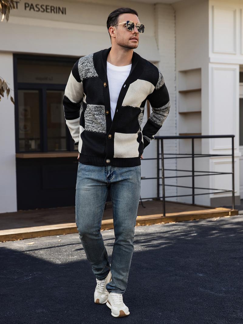 HYPESTFIT Men's Casual Color-Block Cardigan Sweater - Black, White, Gray Plaid Button-Up Cardigan with Lapel Collar, Long Sleeve, Regular Fit for Fall/Winter, Casual Attire & Weekend Outings, Cardigan Sweater, Winter Layering, Classic Knitwear