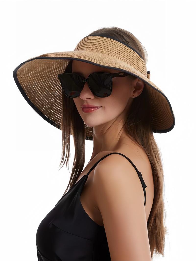 Women's Solid Color Cute Bow Design Wide Brim Straw Hat, Casual Trendy Foldable Sun Hat for Beach, Fashion Accessories for Women & Girls