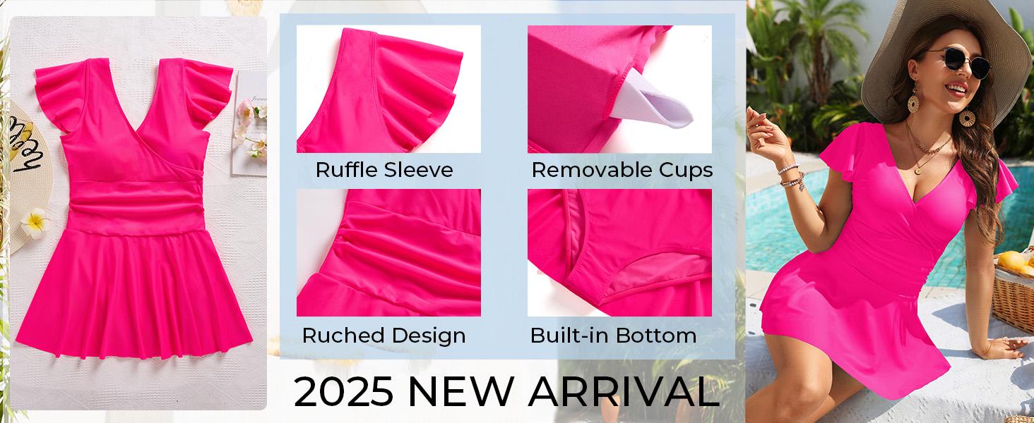 Aqua Eve One Piece Swimsuit with Skirt - Tummy Control Swimdress with Sleeve Modest Bathing Suit Swim Dress