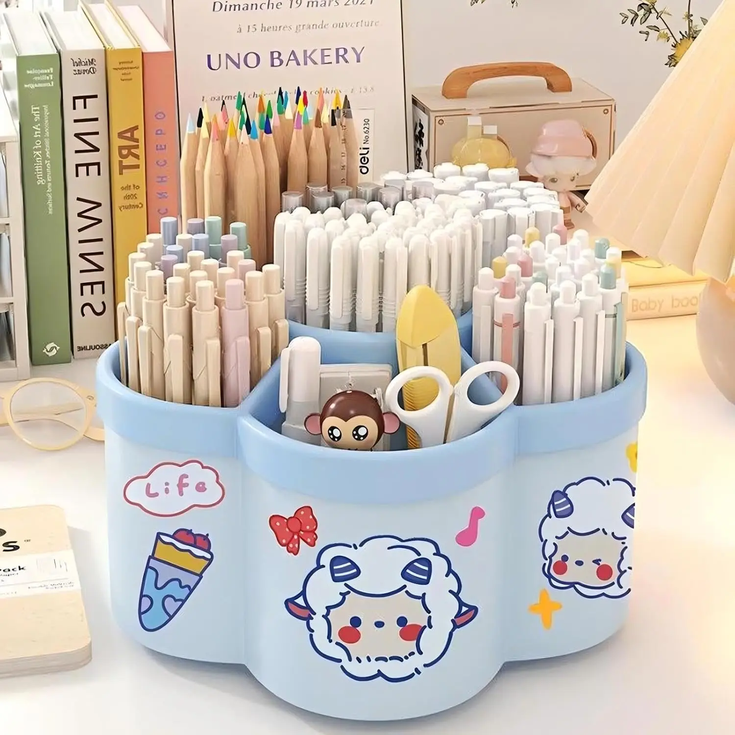 360 Rotating Desk Pen Organizer, 6-Slot Large-Capacity Pencil Holder, Blue