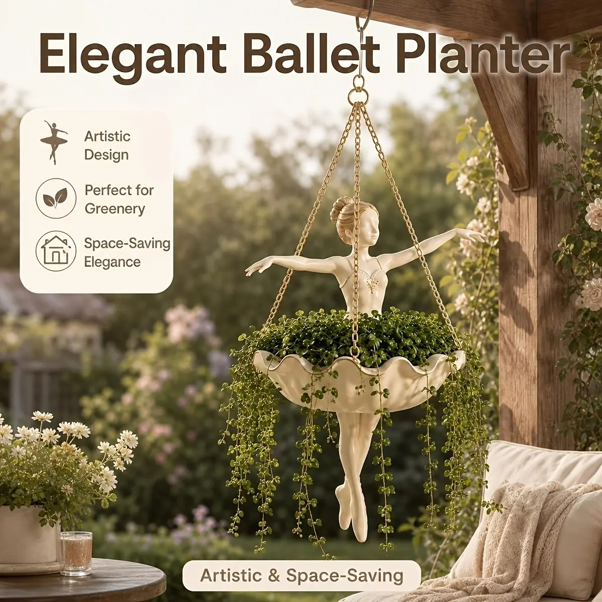 Ballet Dancer Hanging Planter, Resin Sculpture, Lightweight Chain Hook, Ideal for Succulents, Climbing Plants, Indoor Outdoor Decor, Hanging Plant Pot