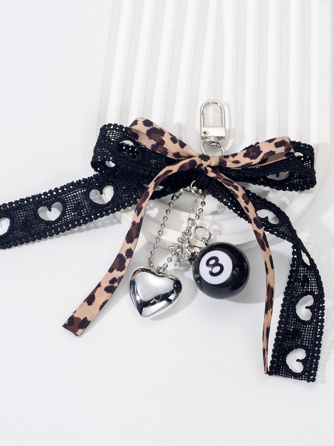 Cool and stylish practical texture leopard print size 8 ball pendant, leopard print bow+lace ribbon, black 8 billiards+heart pendant, exquisite and sweet style, versatile bag/key, can be given to friends