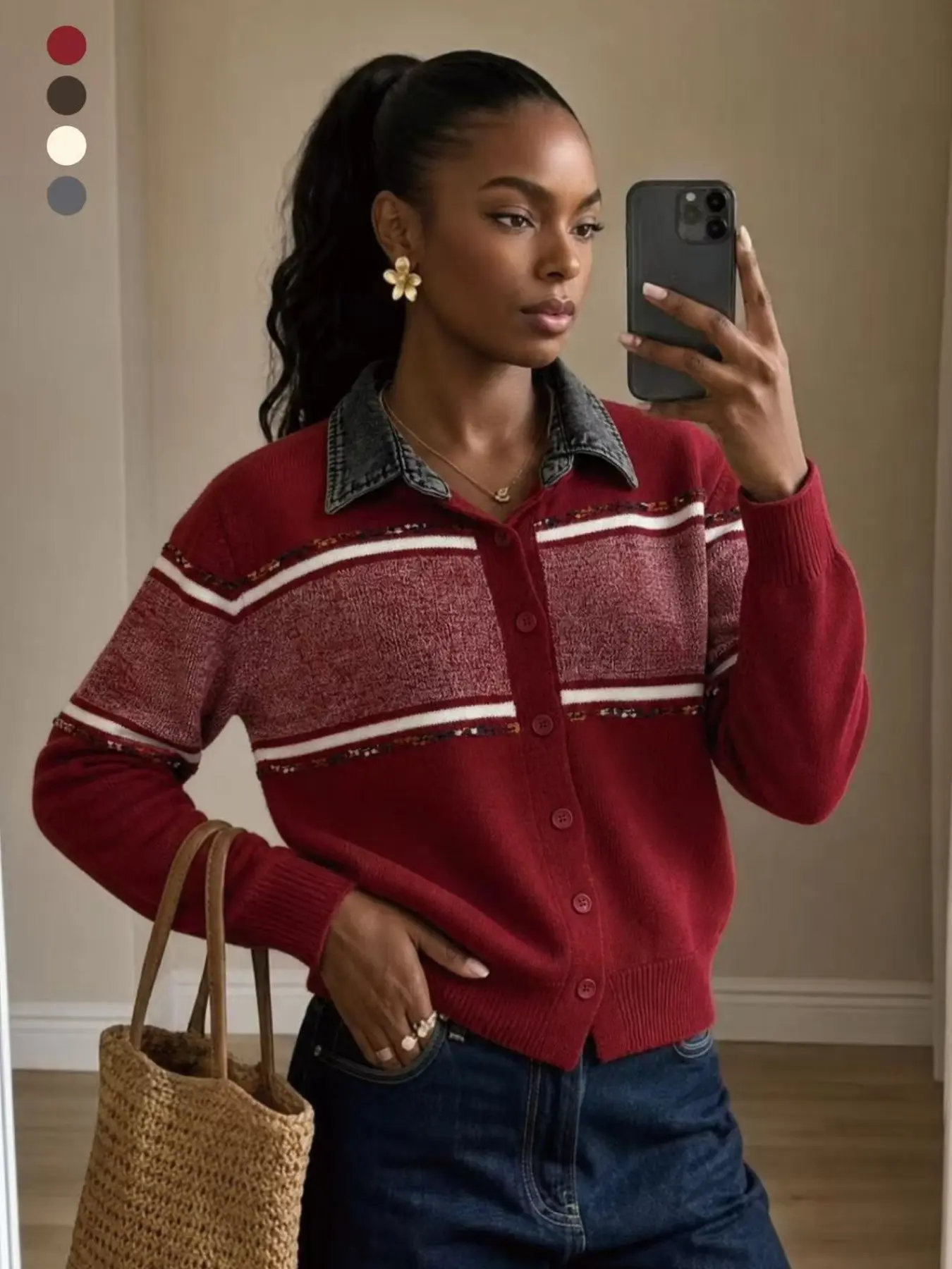 Women's Denim Collar Patchwork Striped Knit Cardigan, Vintage Colorblock Long Sleeve Button Front Loose Fit Sweater Jacket
